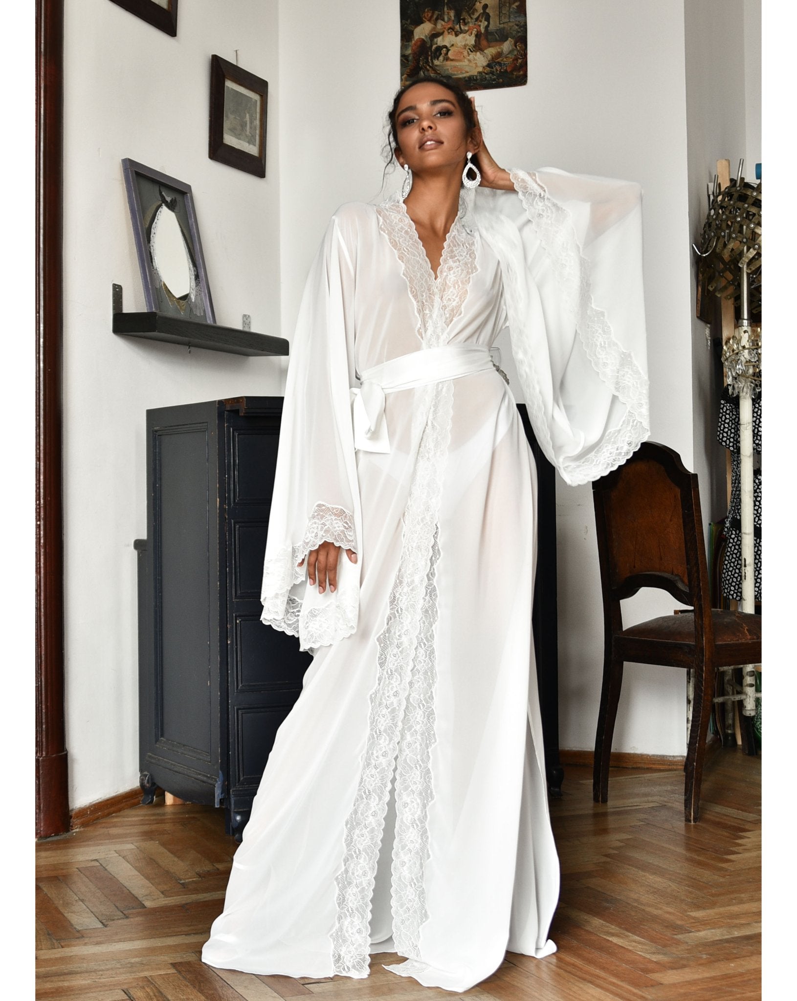 See Through White Lace Robe, Mini Dress Robe for Women, Sheer