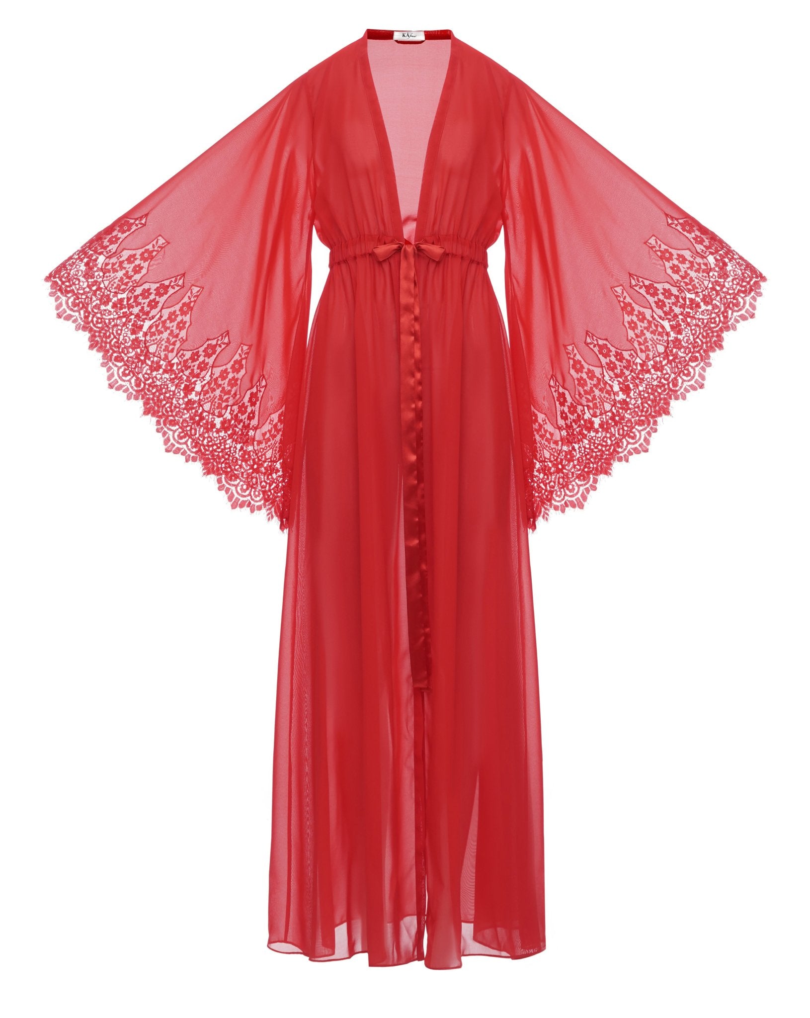 Silky Affair Sheer Lace Trim Robe - Red